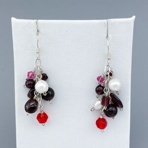 Vintage Sterling Silver 925 Red Garnet White Pearl Glass Beaded Dangle Earrings